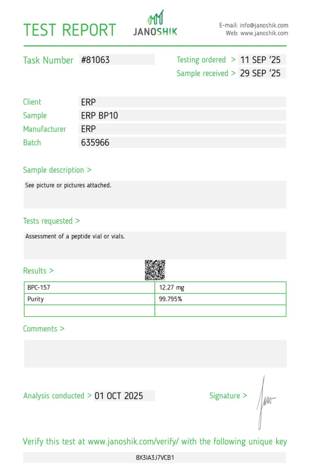 Lab report for BPC-157 (10mg)