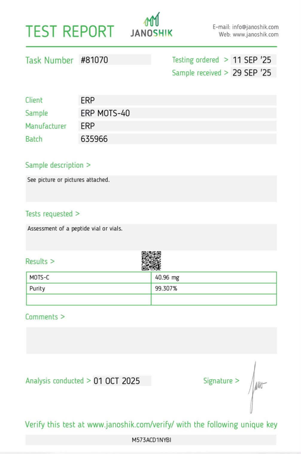Lab report for MOTS-c (10mg)